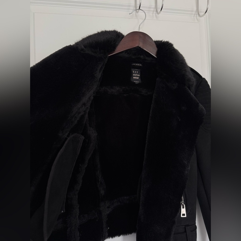 ZARA Motorcycle style jacket XS fur lined black suede - Picture 4 of 7